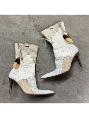 Vintage El Dantes Deconstructed Mixed-Media Stiletto Boots Cream